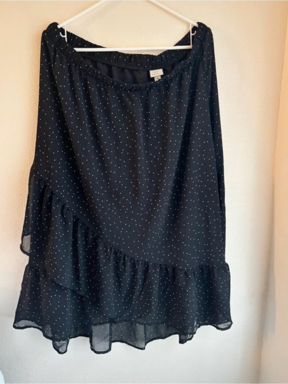 A New Day XLBlack White Polka Dot Chiffon Ruffle Tiered Midi Skirt Elastic Waist